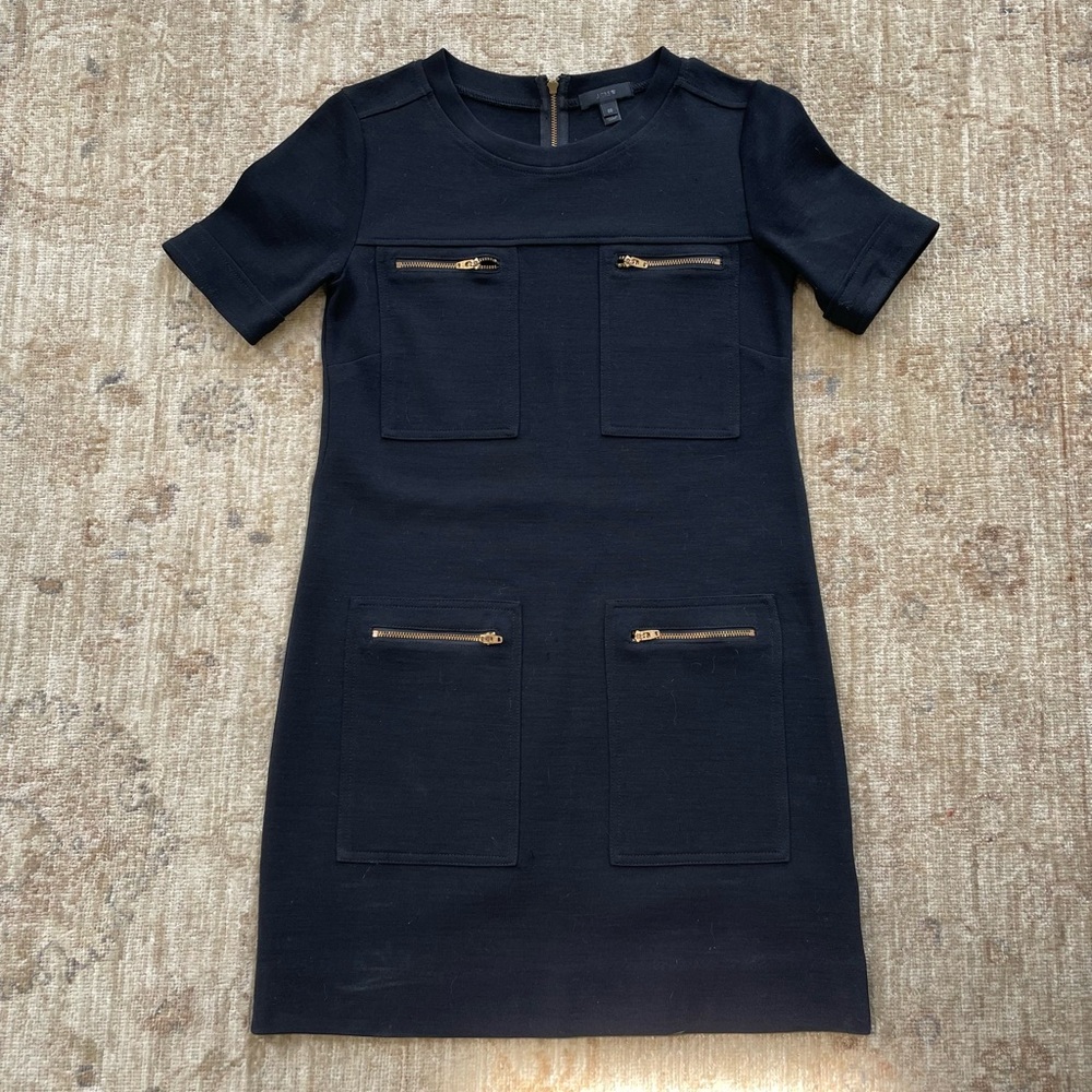 J. Crew Black Mini Shift Dress with Gold Zip Pockets